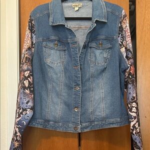 ONE WORLD Blue Denim Jacket with Floral Print Sleeves